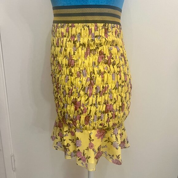 For Love & Lemons Odette Silk Smocked Floral Skirt Ruffled Yellow Size XSYellow - Picture 7 of 11